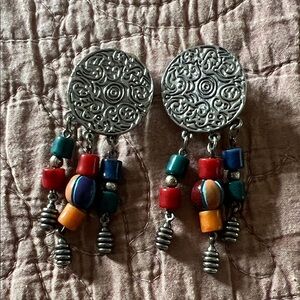 GJD ginnie johansen Boho Silver tone clip Earrings glass Beads vintage